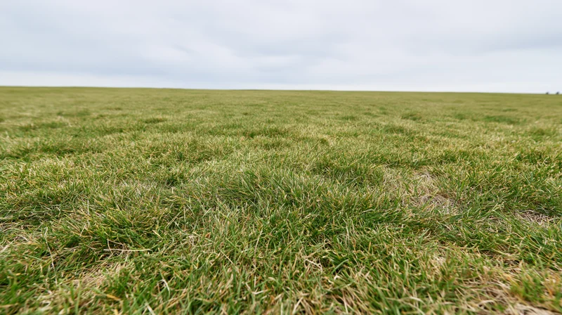 Low-angle view of a flat grass field stretching to the horizon under an overcast sky
