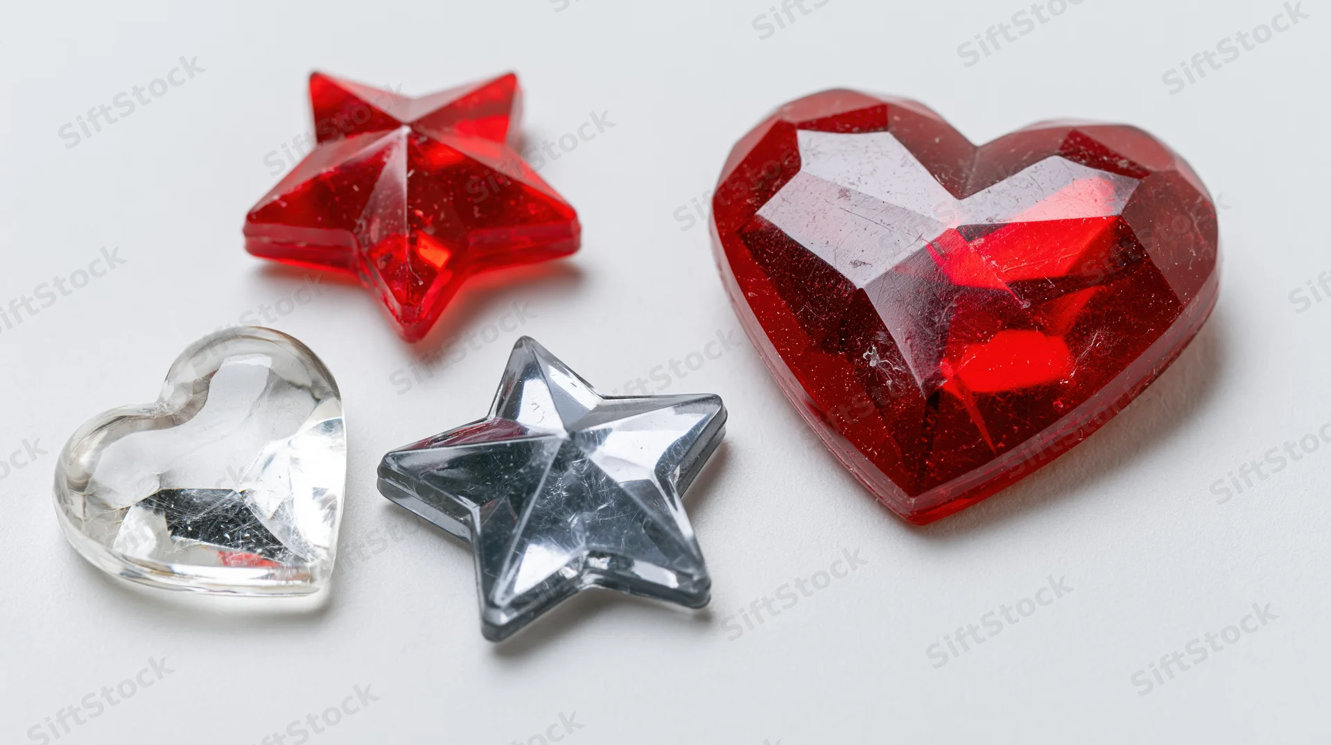 Four acrylic craft gems shaped as hearts and stars arranged on a white surface