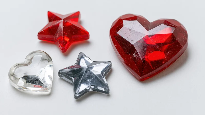 Four acrylic craft gems shaped as hearts and stars arranged on a white surface