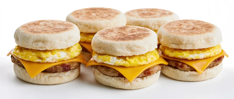Four breakfast sandwiches with egg, cheese and sausage on toasted english muffins arranged in a row on white background