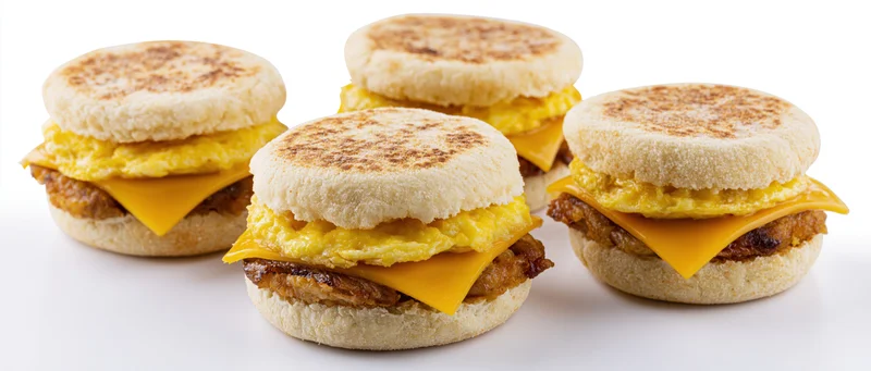 Four breakfast sandwiches with egg, cheese and sausage on toasted english muffins arranged on white background