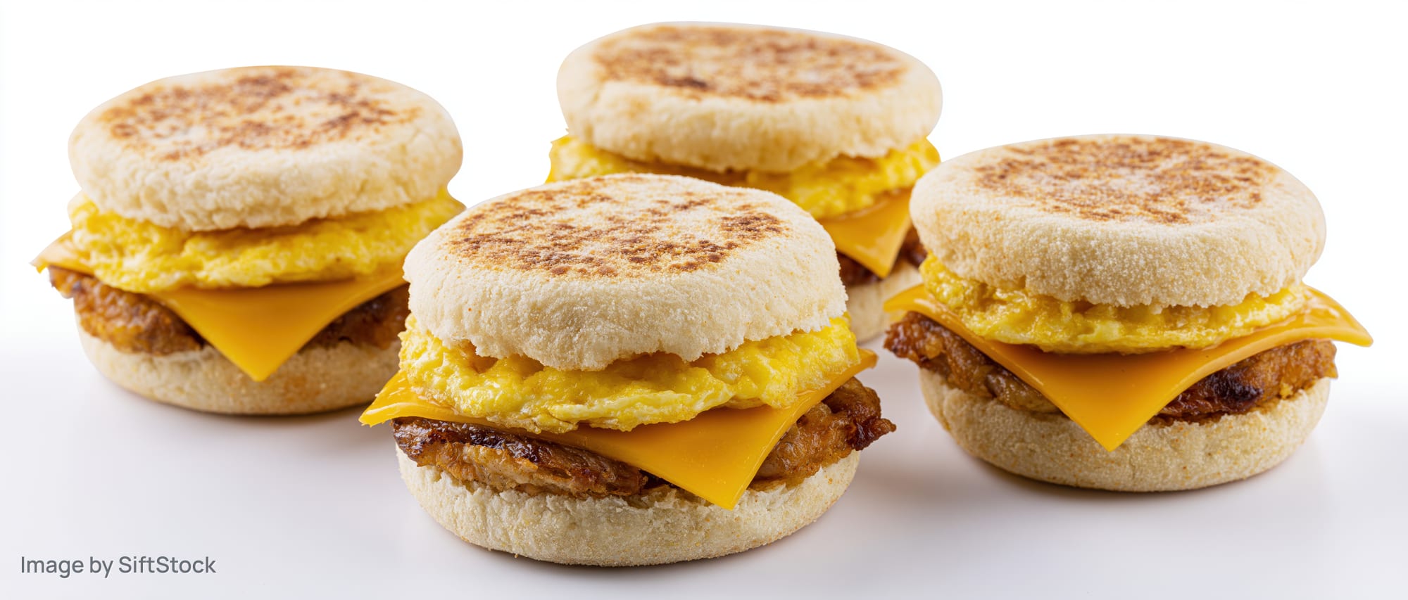 Four breakfast sandwiches with egg, cheese and sausage on toasted english muffins arranged on white background