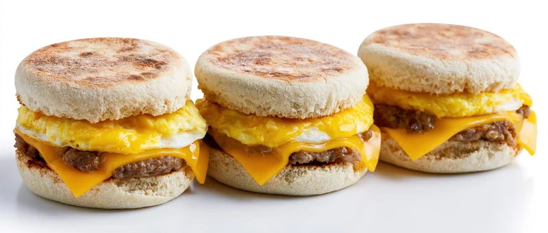 Three breakfast sandwiches with egg, cheese and sausage on toasted english muffins in a row on white background