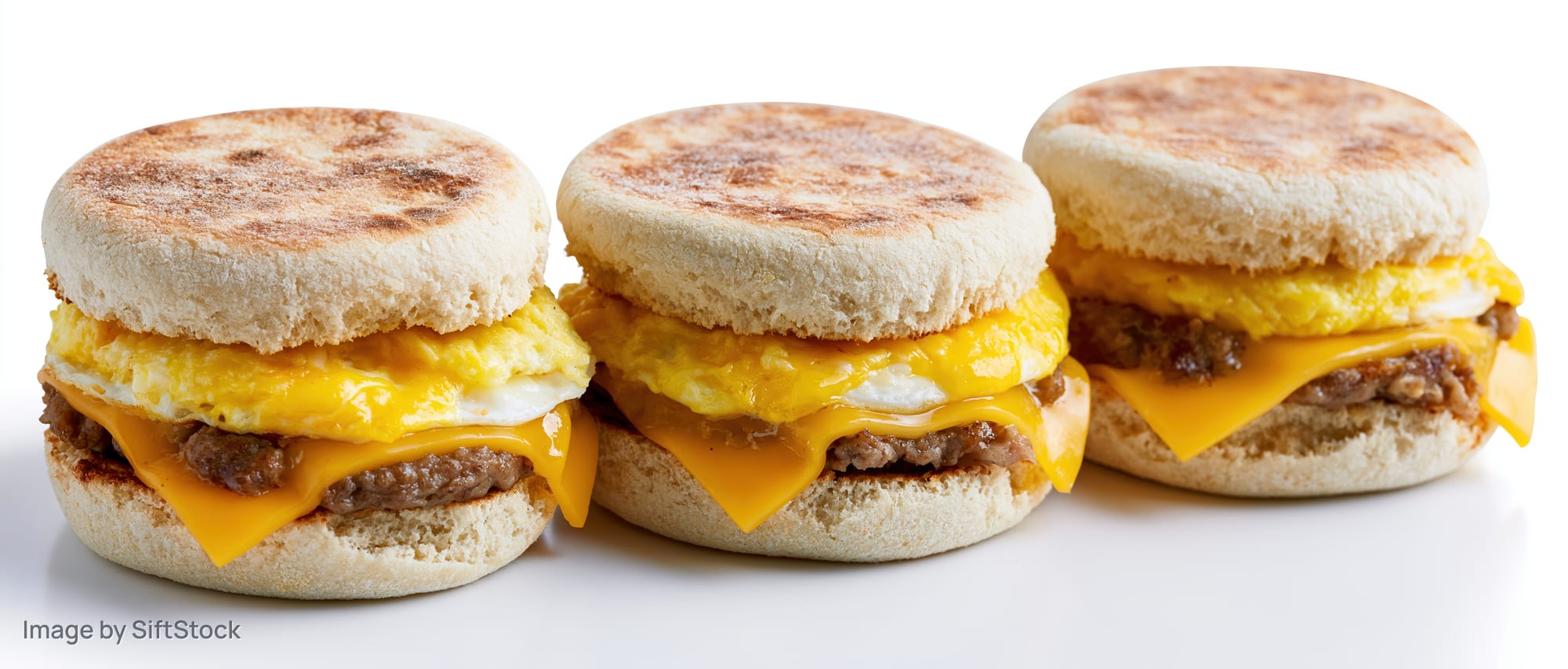 Three breakfast sandwiches with egg, cheese and sausage on toasted english muffins in a row on white background