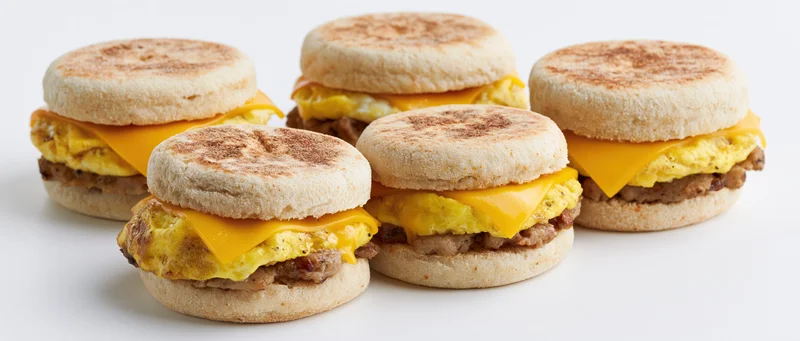 Four breakfast sandwiches with egg, cheese and sausage on toasted english muffins arranged on white surface