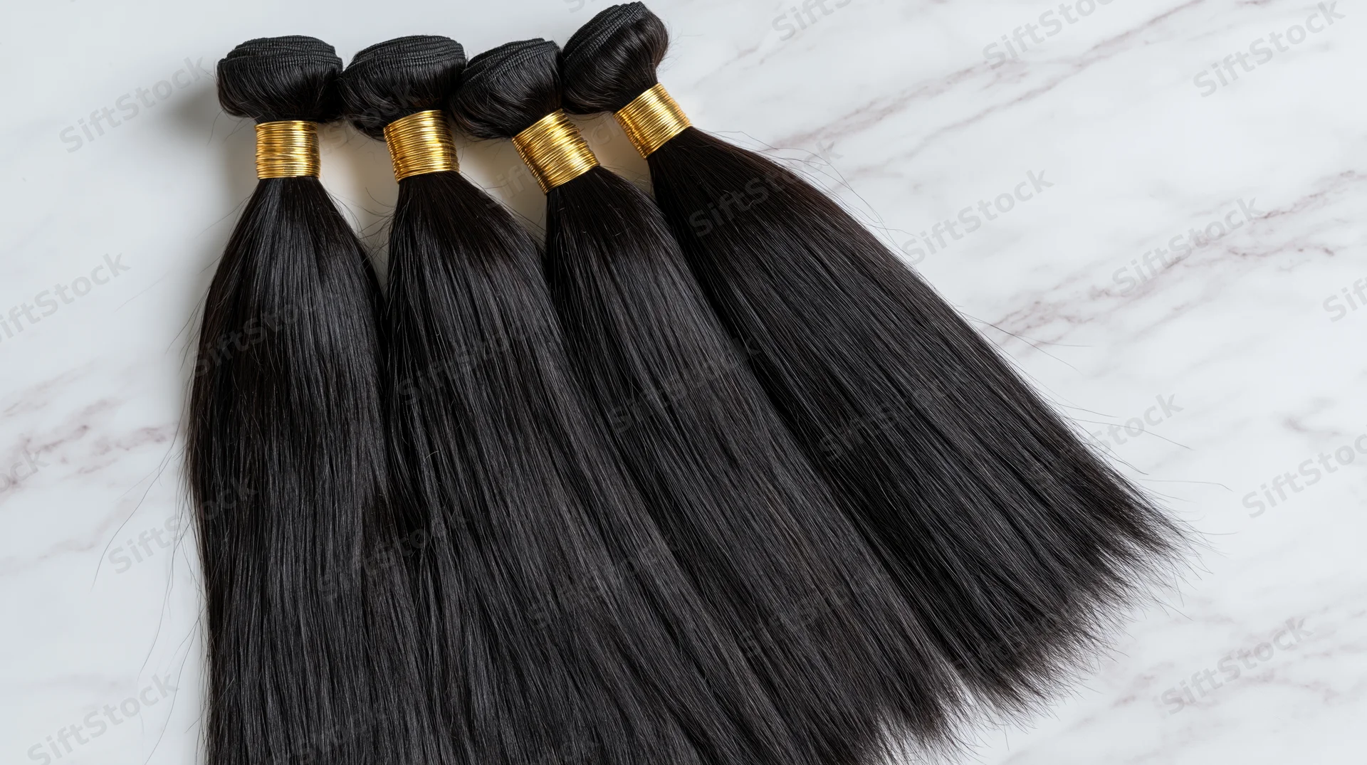 Four bundles of straight black human hair extensions arranged on a white marble surface