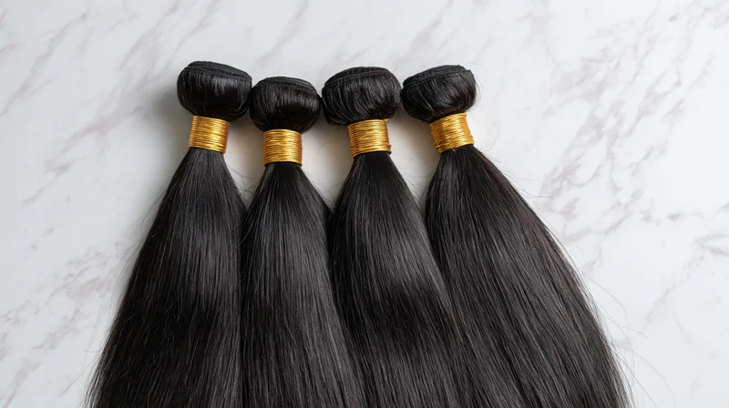 Four bundles of straight black human hair extensions with gold bands on a marble surface