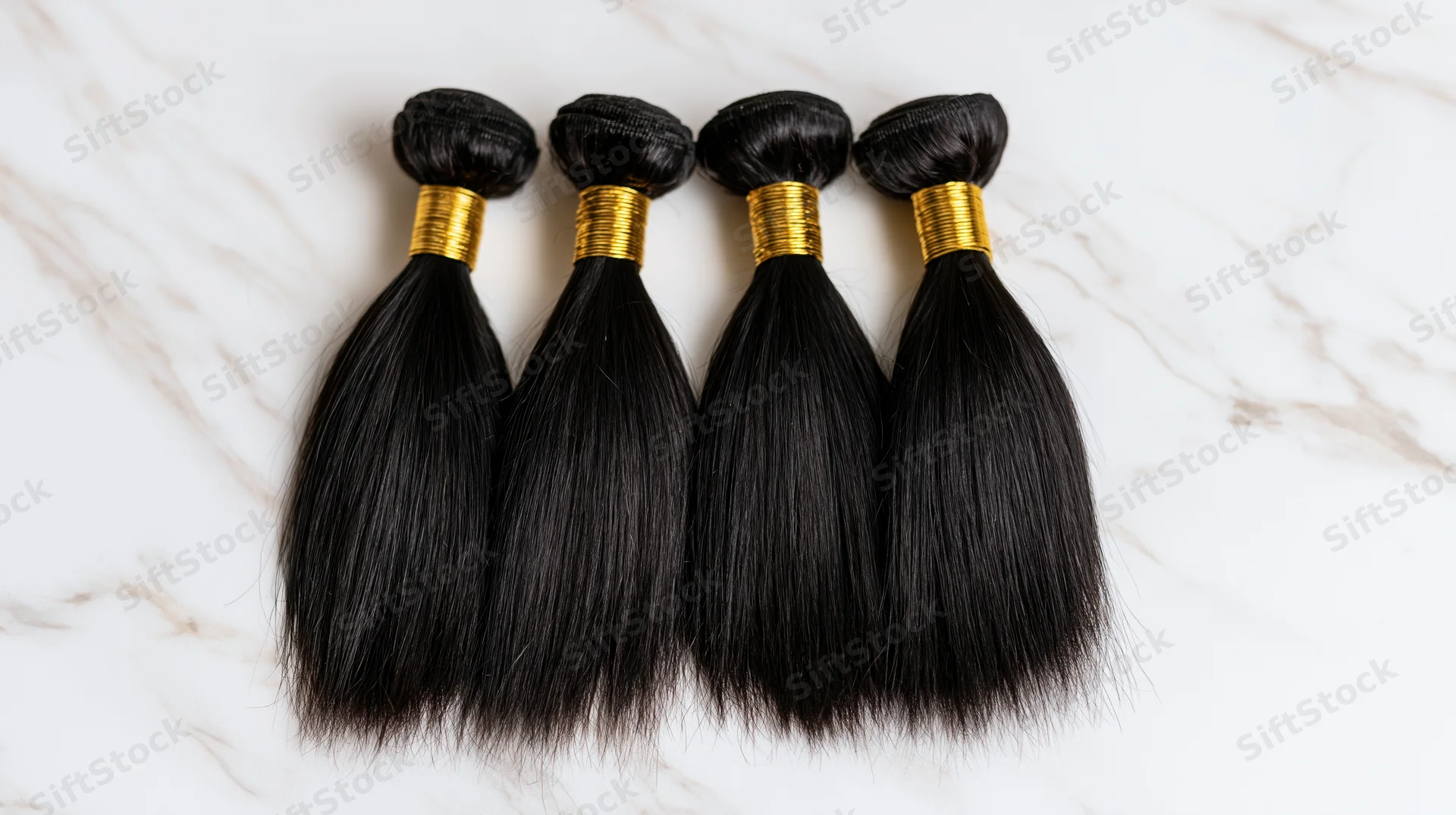 Four bundles of straight black human hair extensions arranged in a row on a white marble surface