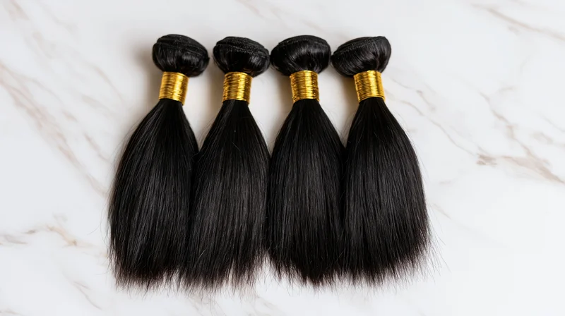 Four bundles of straight black human hair extensions arranged in a row on a white marble surface