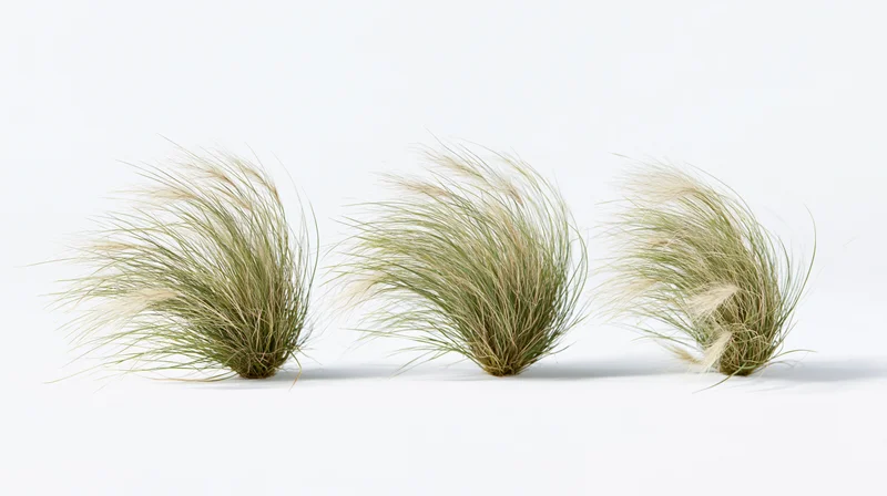 Three clumps of ornamental feather grass bending in wind on white background