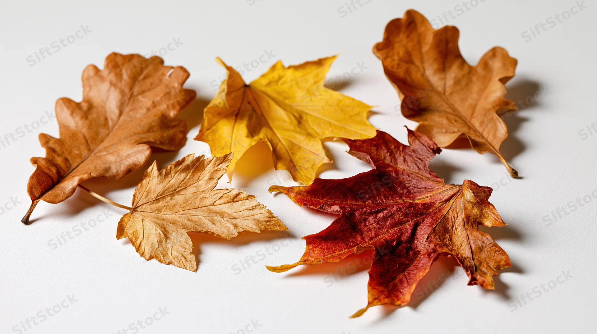 Dried autumn leaves arranged loosely on a white surface