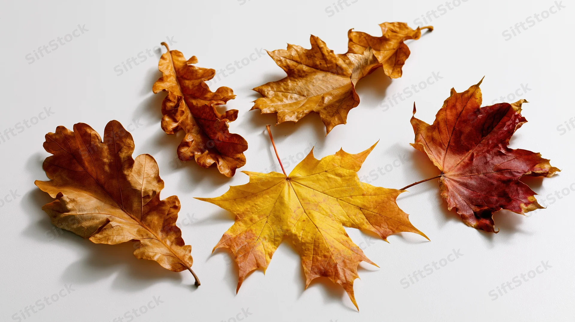 Dried autumn leaves arranged on white surface