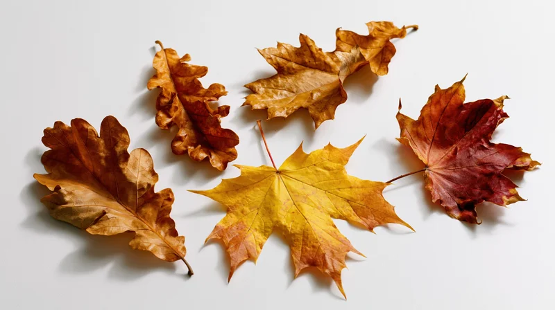 Dried autumn leaves arranged on white surface