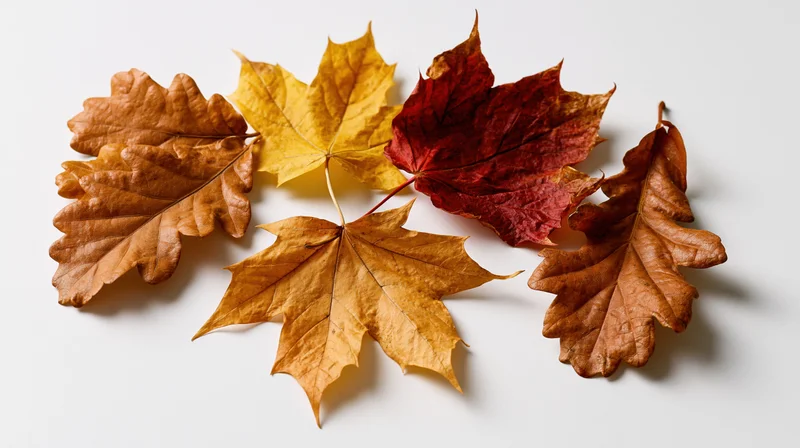 Dried autumn leaves arranged on a white surface