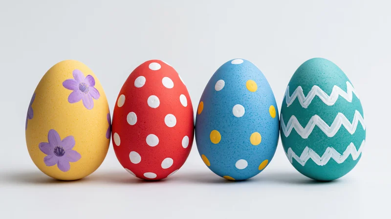 Four hand-painted easter eggs in a row on a white surface