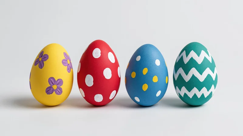 Four hand-painted easter eggs in a row on a white surface