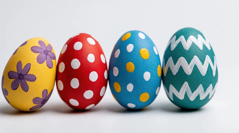 Four hand-painted easter eggs in a row on a white surface