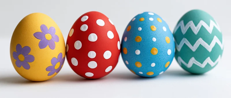 Four hand-painted easter eggs in a row on a white surface