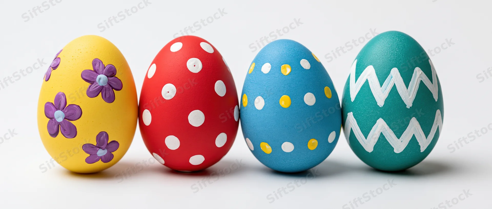 Four hand-painted easter eggs in a row on white background