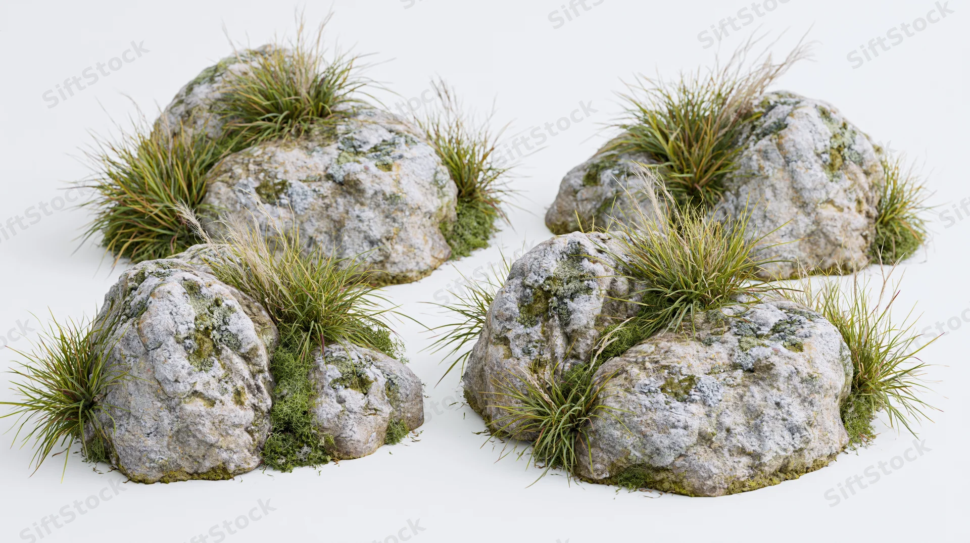 Four natural rock groupings with moss and wild grass on white background