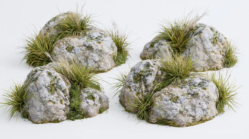 Four natural rock groupings with moss and wild grass on white background