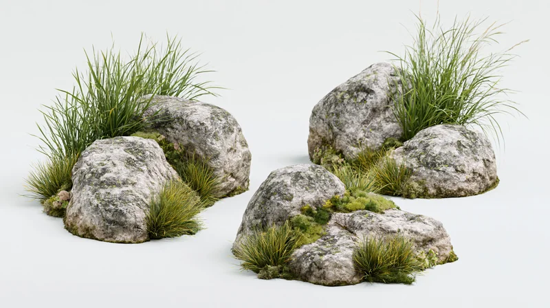 Natural rock groupings with moss and ornamental grass arranged on a white background