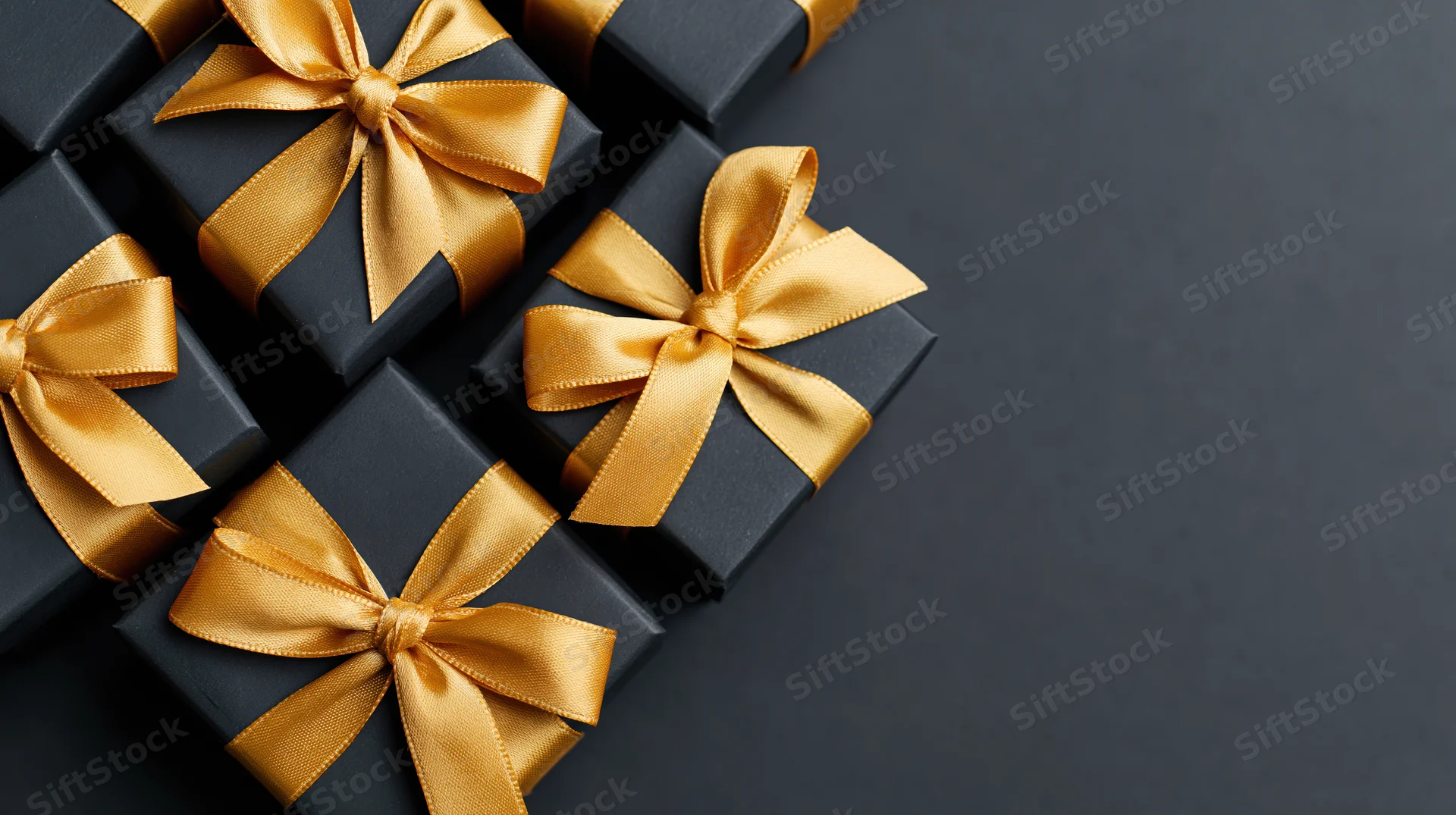 Matte black gift boxes with gold satin ribbon bows arranged on dark surface
