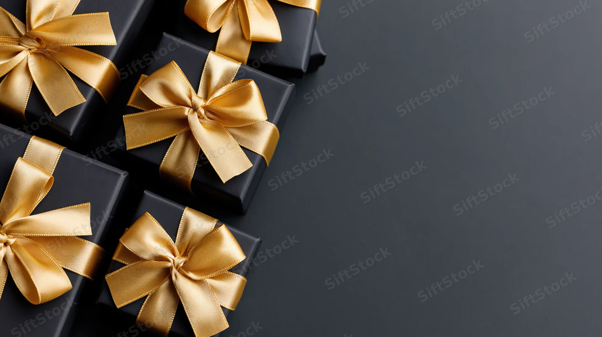 Matte black gift boxes with gold satin ribbon bows arranged in a diagonal row on a dark surface