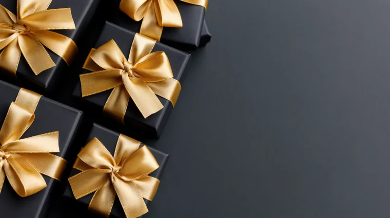 Matte black gift boxes with gold satin ribbon bows arranged in a diagonal row on a dark surface