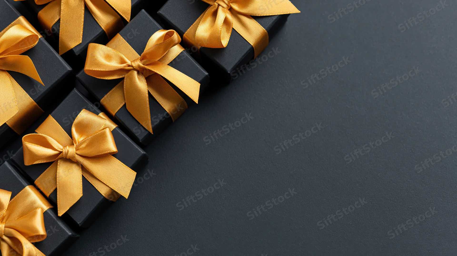 Matte black gift boxes with gold satin ribbon bows arranged in diagonal row on dark surface