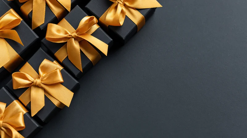 Matte black gift boxes with gold satin ribbon bows arranged in diagonal row on dark surface
