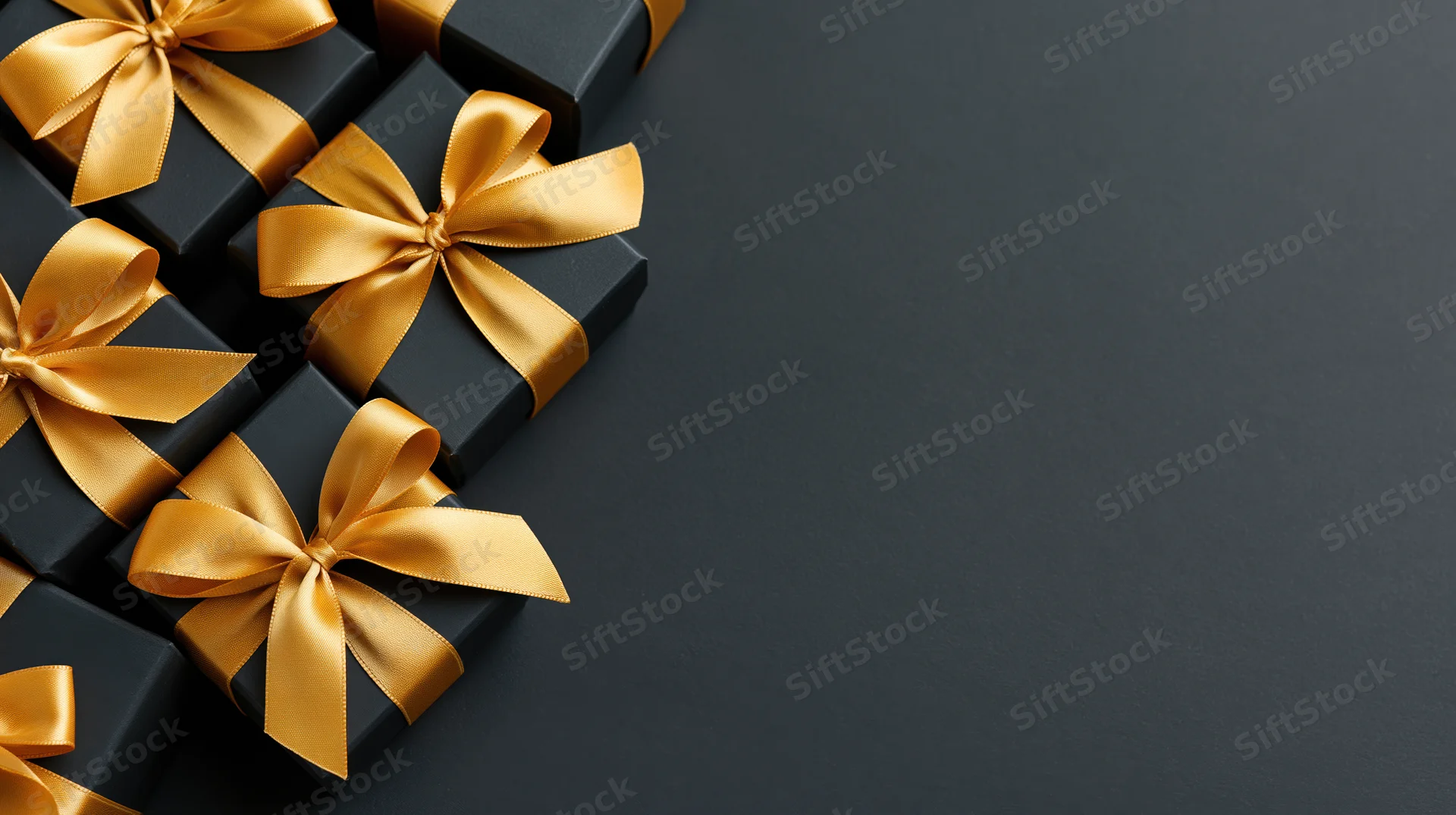 Matte black gift boxes with gold satin ribbon bows arranged in corner on dark surface