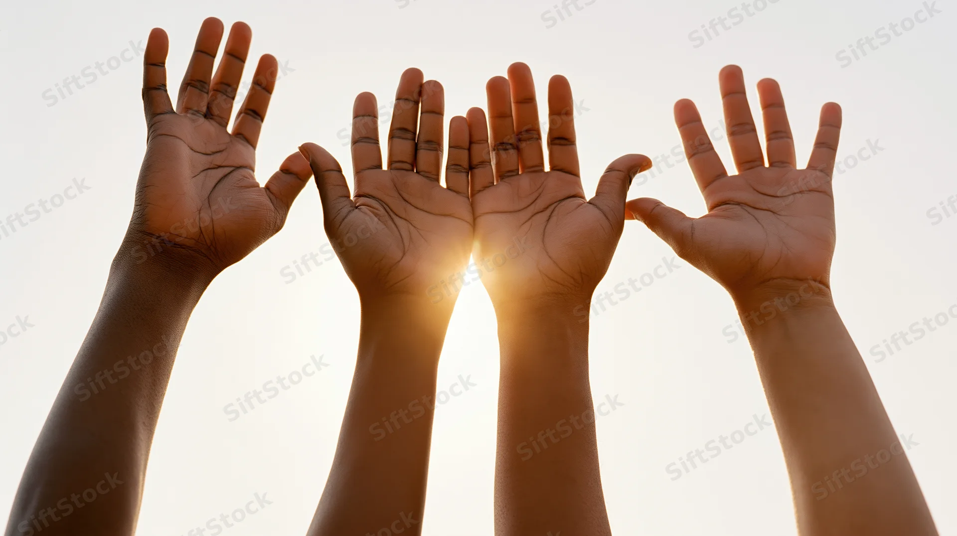 Four hands raised palms up toward the sun in silhouette against the sky