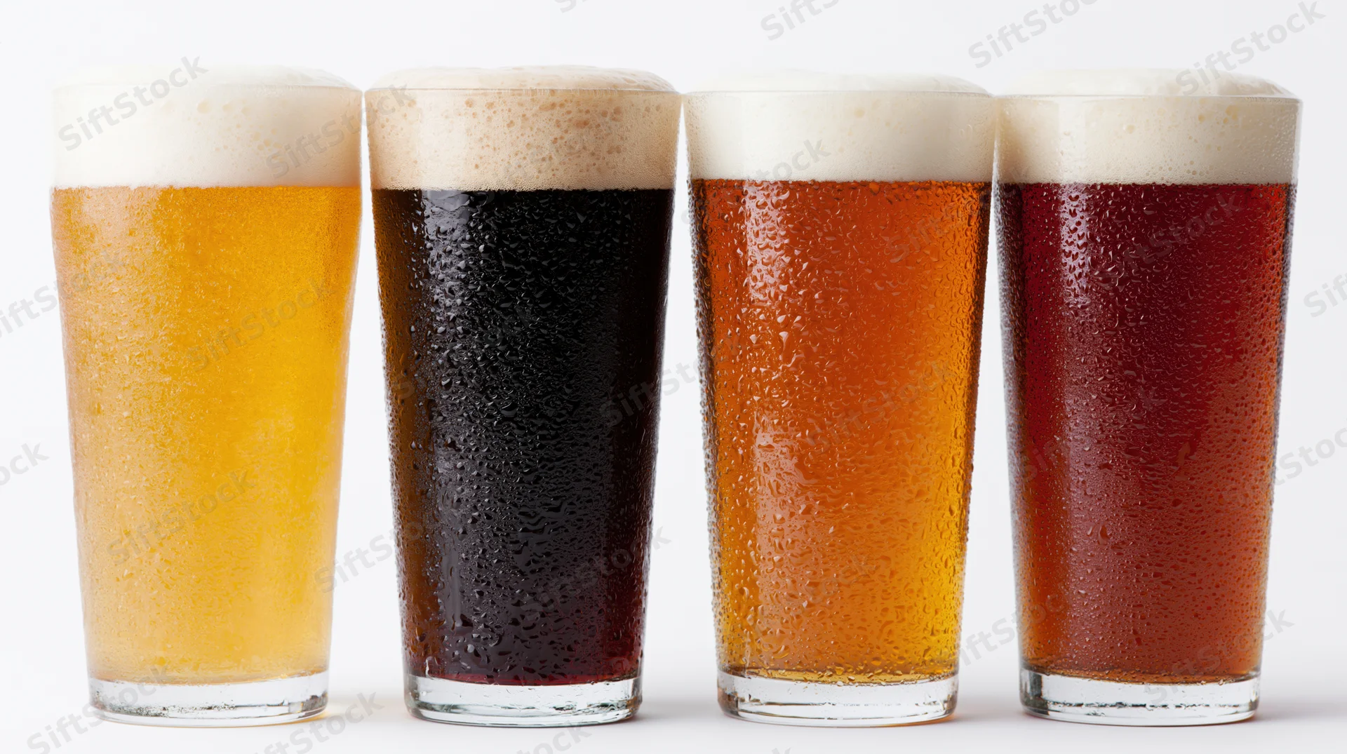 Four pint glasses of different beer varieties lined up in a row on a white background