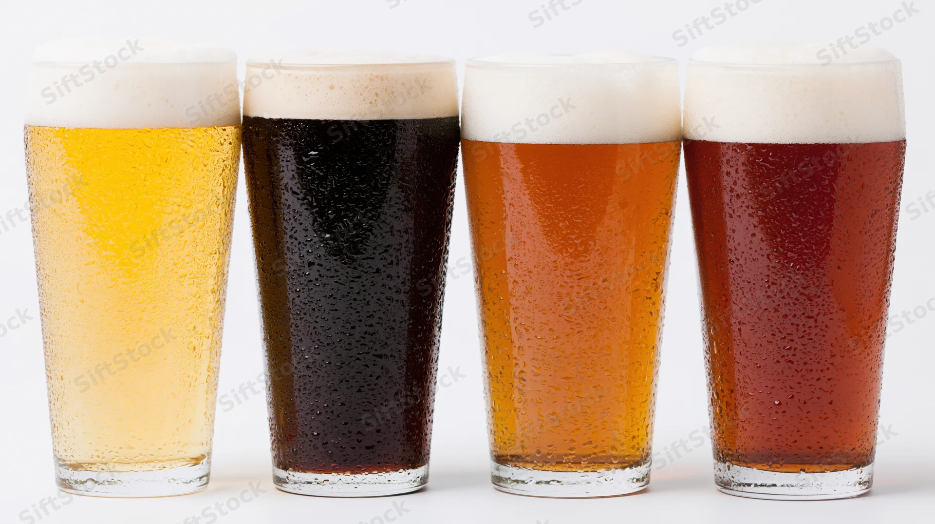 Four pint glasses of different beer varieties lined up in a row on white background