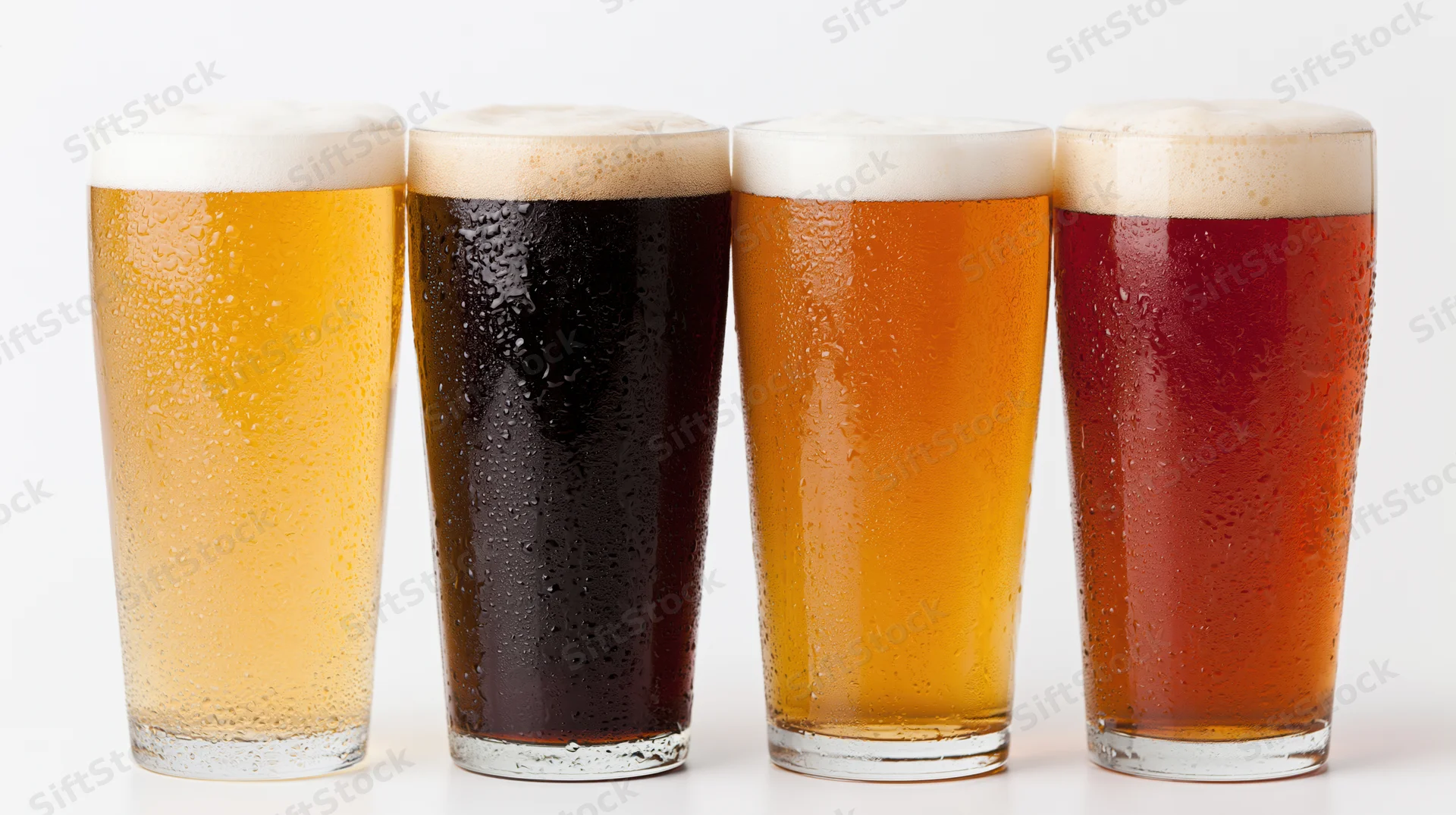 Four pint glasses of different beer varieties lined up in a row on a white surface