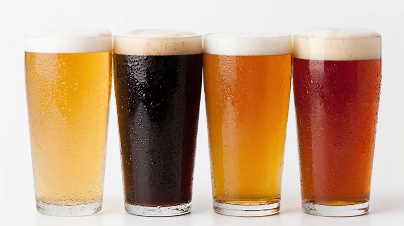 Four pint glasses of different beer varieties lined up in a row on a white surface