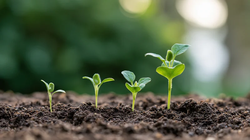 Four seedlings in progressive growth stages planted in a row in soil