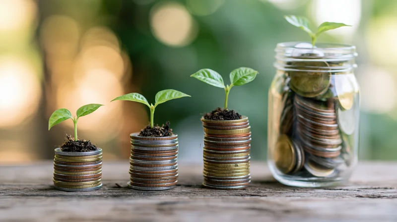 Seedlings growing from stacks of coins on a wooden table beside a glass jar filled with coins