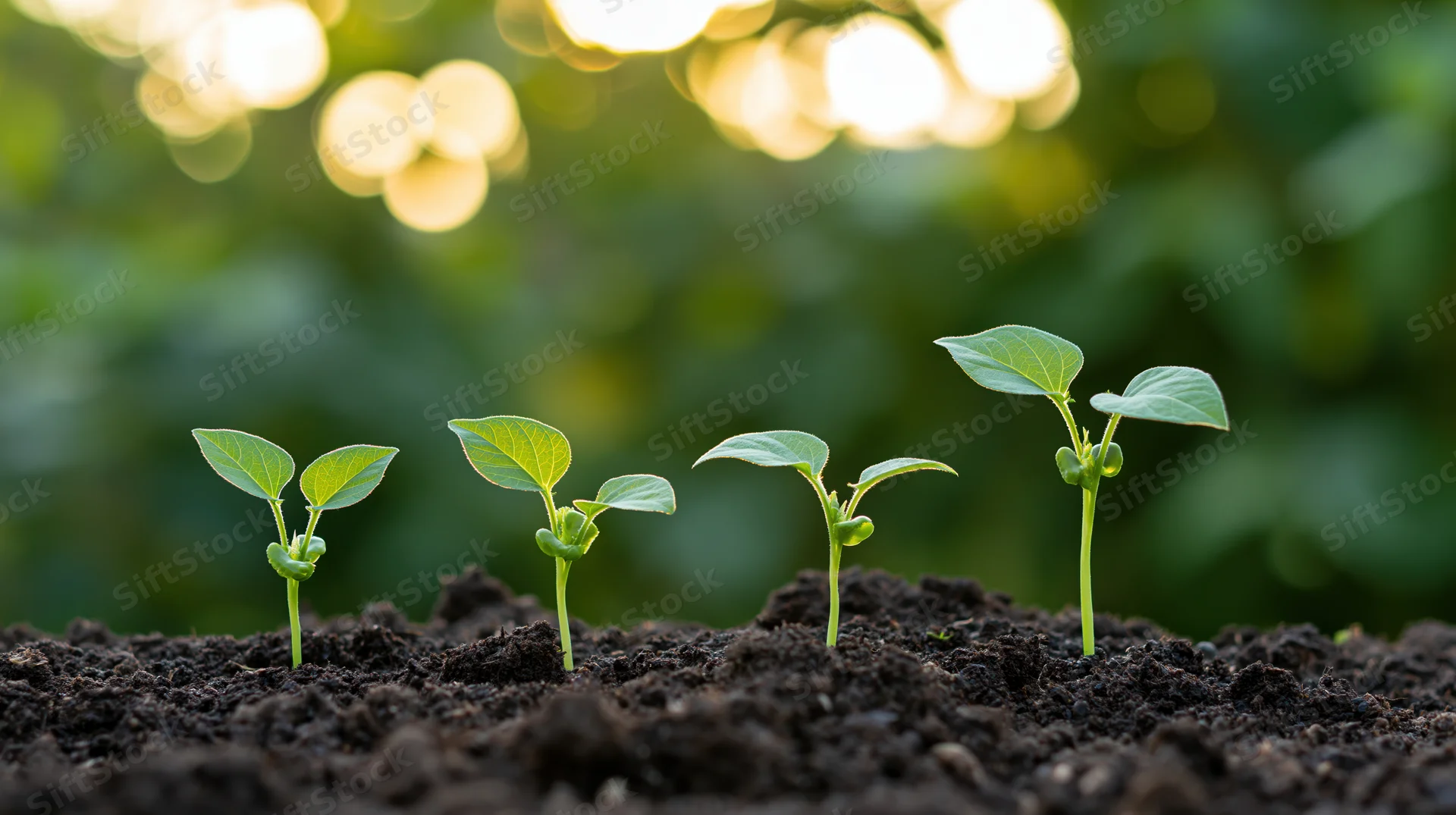 Four small seedlings growing in a row from dark soil under dappled sunlight