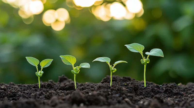 Four small seedlings growing in a row from dark soil under dappled sunlight