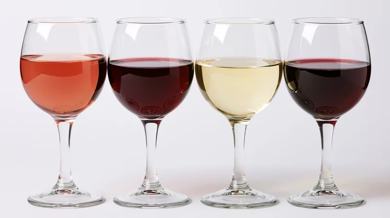 Four stemmed wine glasses in a row filled with rosé, red and white wine against a white background
