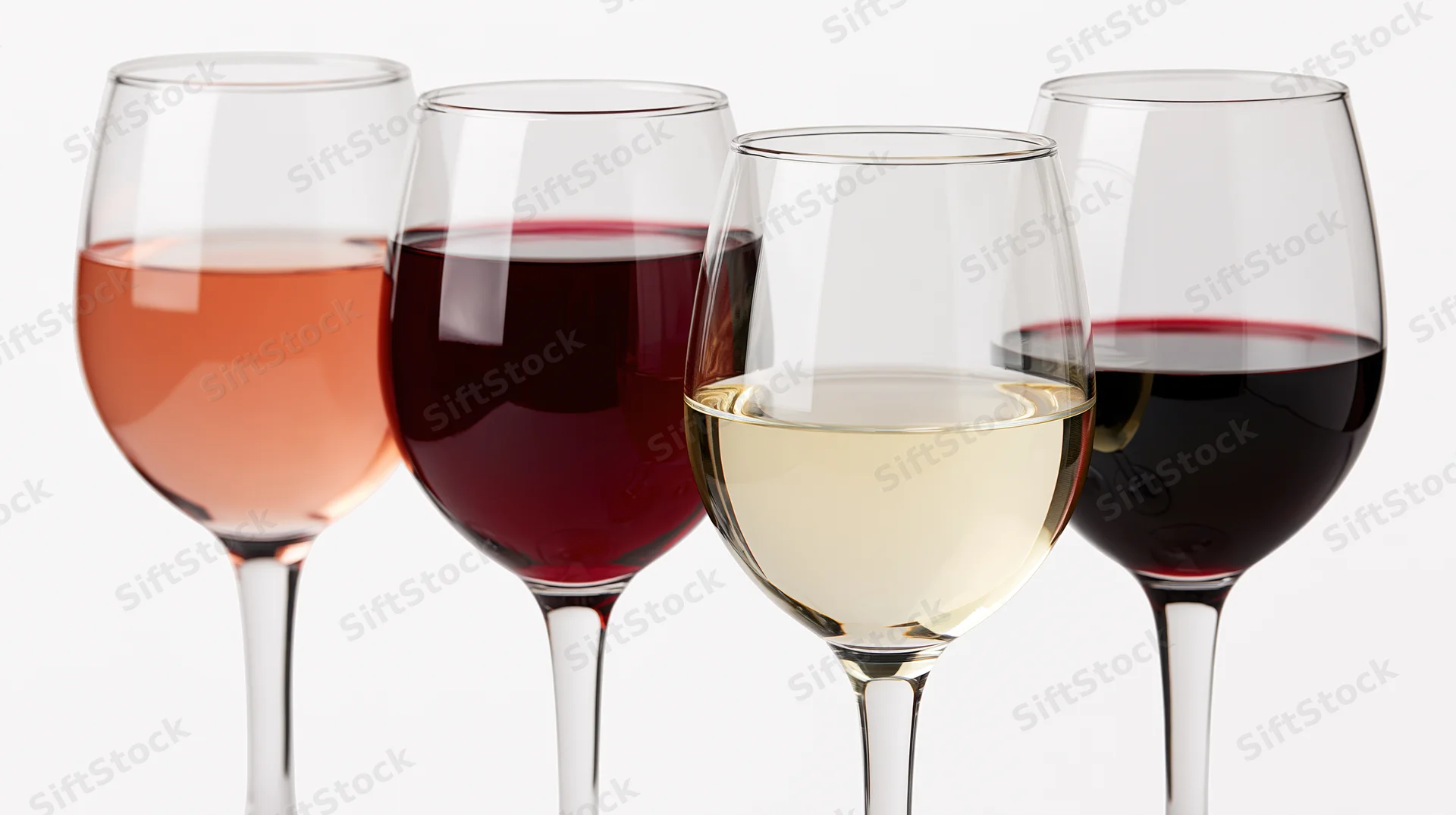 Four stemmed wine glasses filled with rosé, red and white wine arranged in a row on a white background