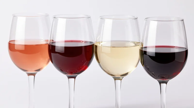 Four stemmed wine glasses in a row filled with rosé, red, and white wine against a white background