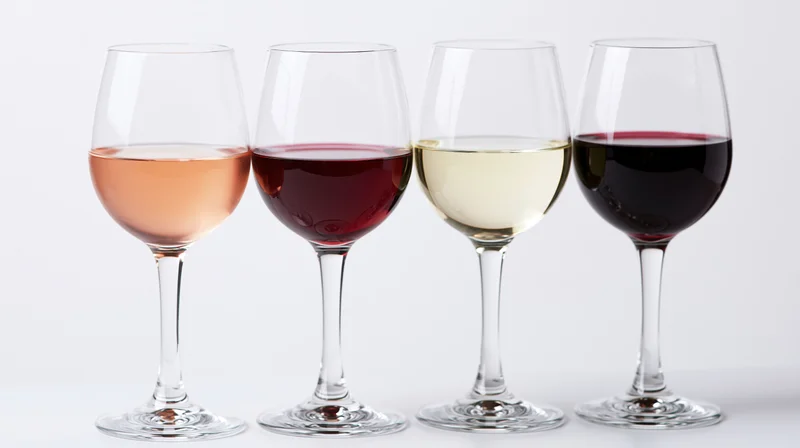 Four stemmed wine glasses in a row filled with rosé, red, white, and deep red wine on a white background