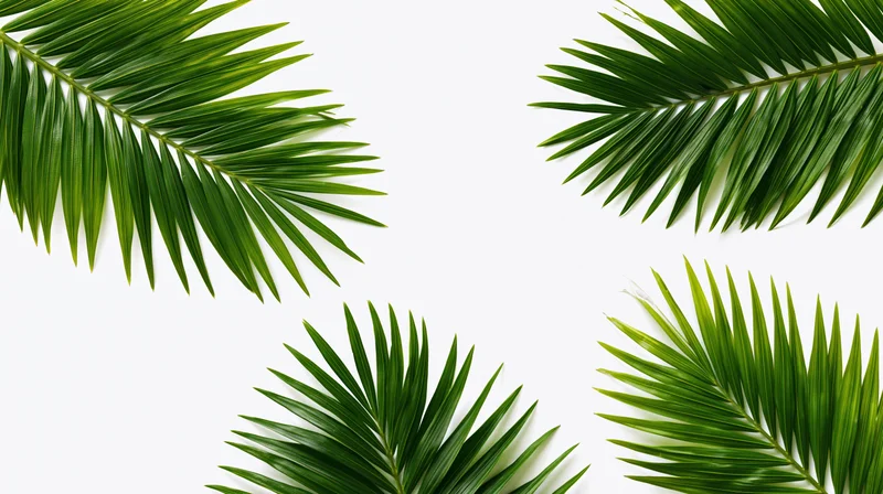 Four tropical palm fronds arranged in corners framing a clean white background