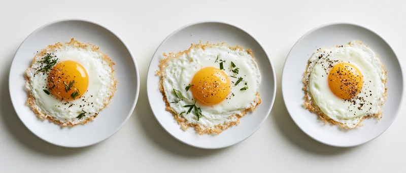 Three fried eggs with herbs and pepper on white ceramic plates in a flat lay arrangement