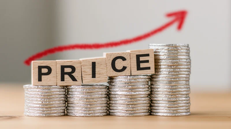 Wooden cubes spelling price resting on stacks of coins with red arrow rising behind on wooden surface