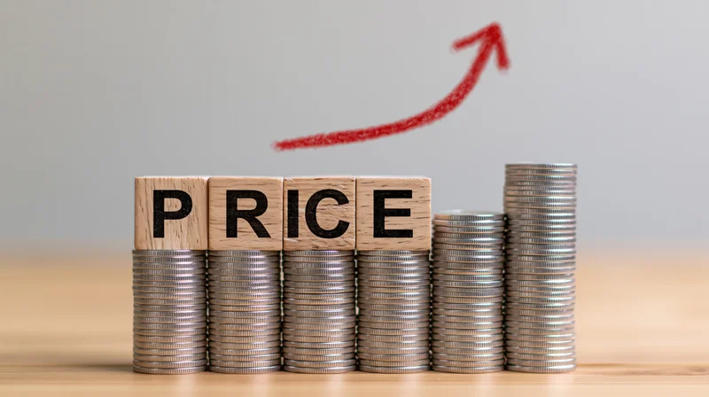 Wooden blocks spelling price on stacks of coins with red arrow pointing up on wooden table