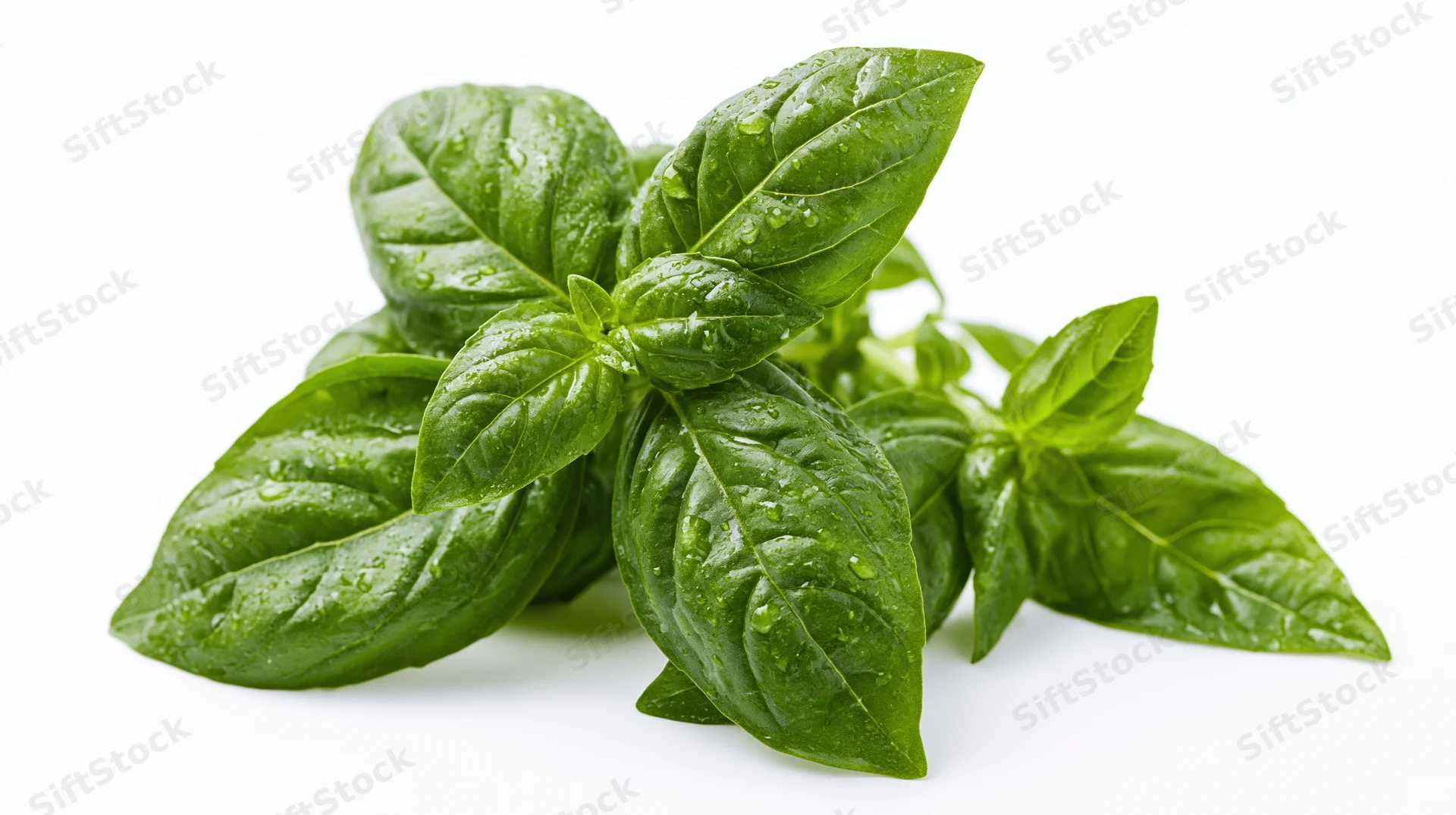 Fresh basil sprigs with water droplets on leaves isolated on white background